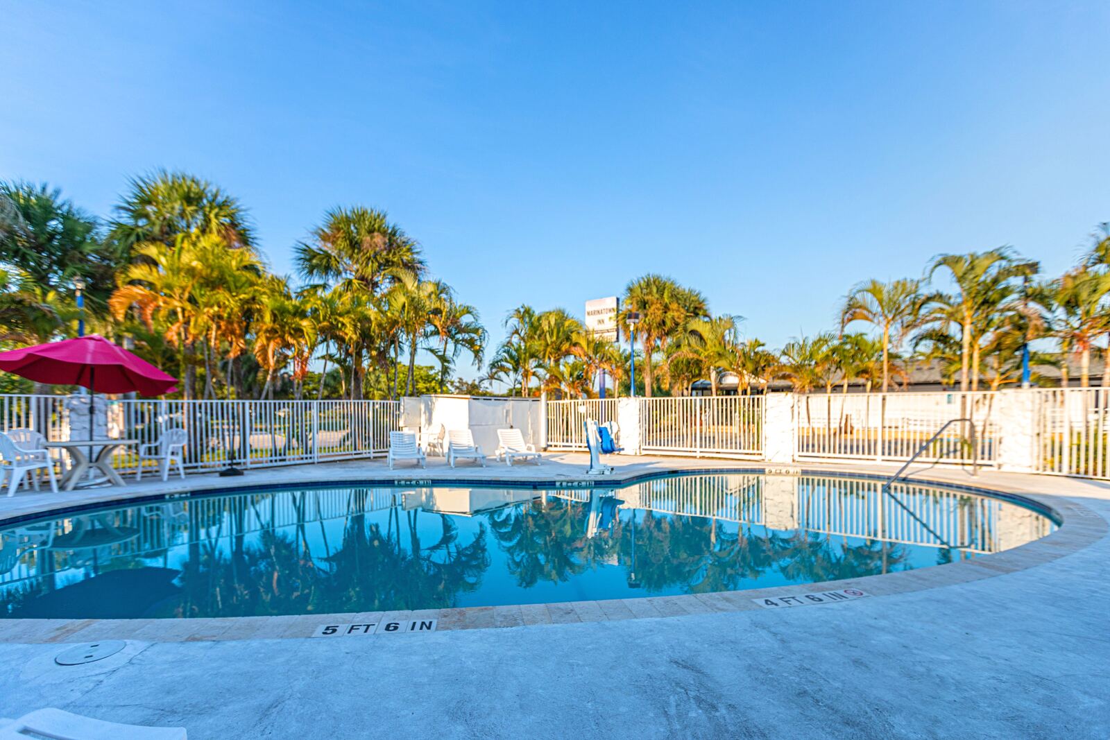 Pool with lounge chairs, umbrellas and palm trees